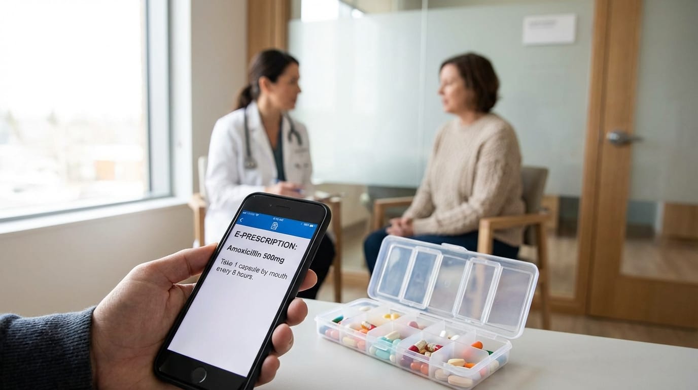 E-recepta na smartfonie i leki w apteczce, symbolizujące zapas leków na receptę i rozmowę z lekarzem.