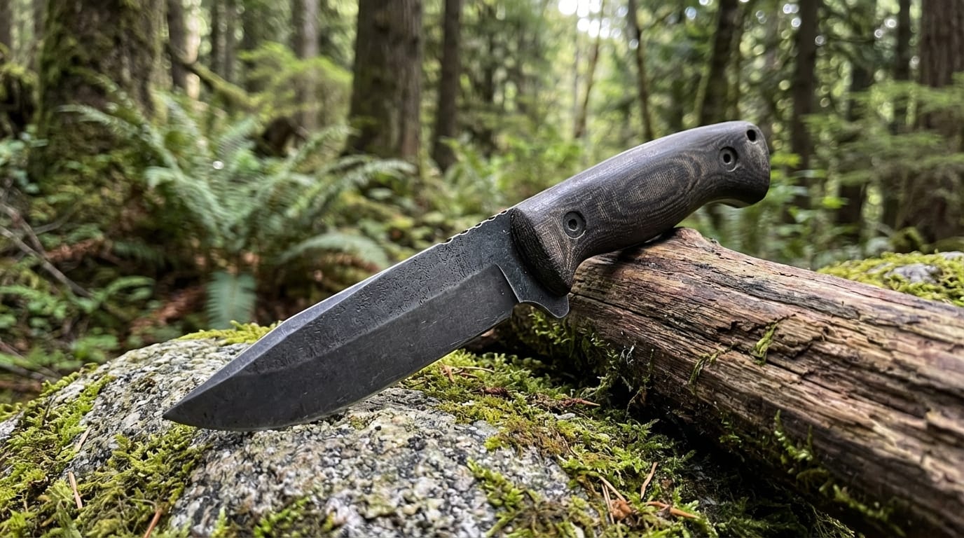 Nóż survivalowy o uniwersalnej długości ostrza 10-15 cm i grubości głowni 4-6 mm, na tle leśnym