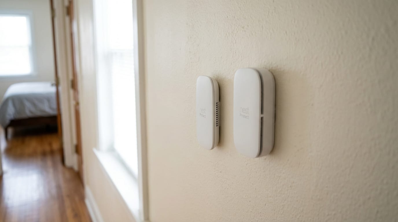 Czujnik czadu na ścianie w korytarzu, wysokość wzroku, bezpieczeństwo domu, instalacja