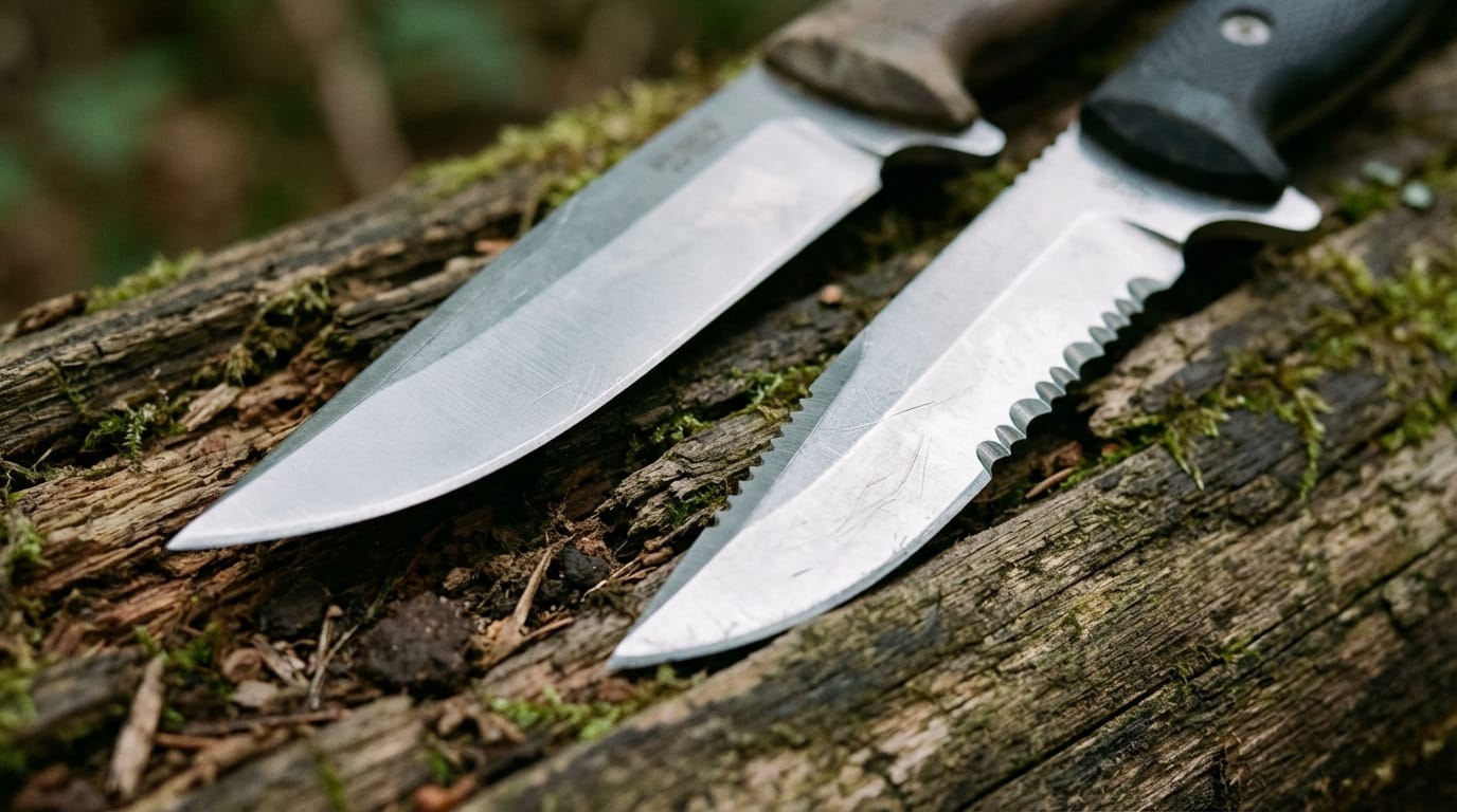 Porównanie ostrza gładkiego i ząbkowanego noża survivalowego w plenerze