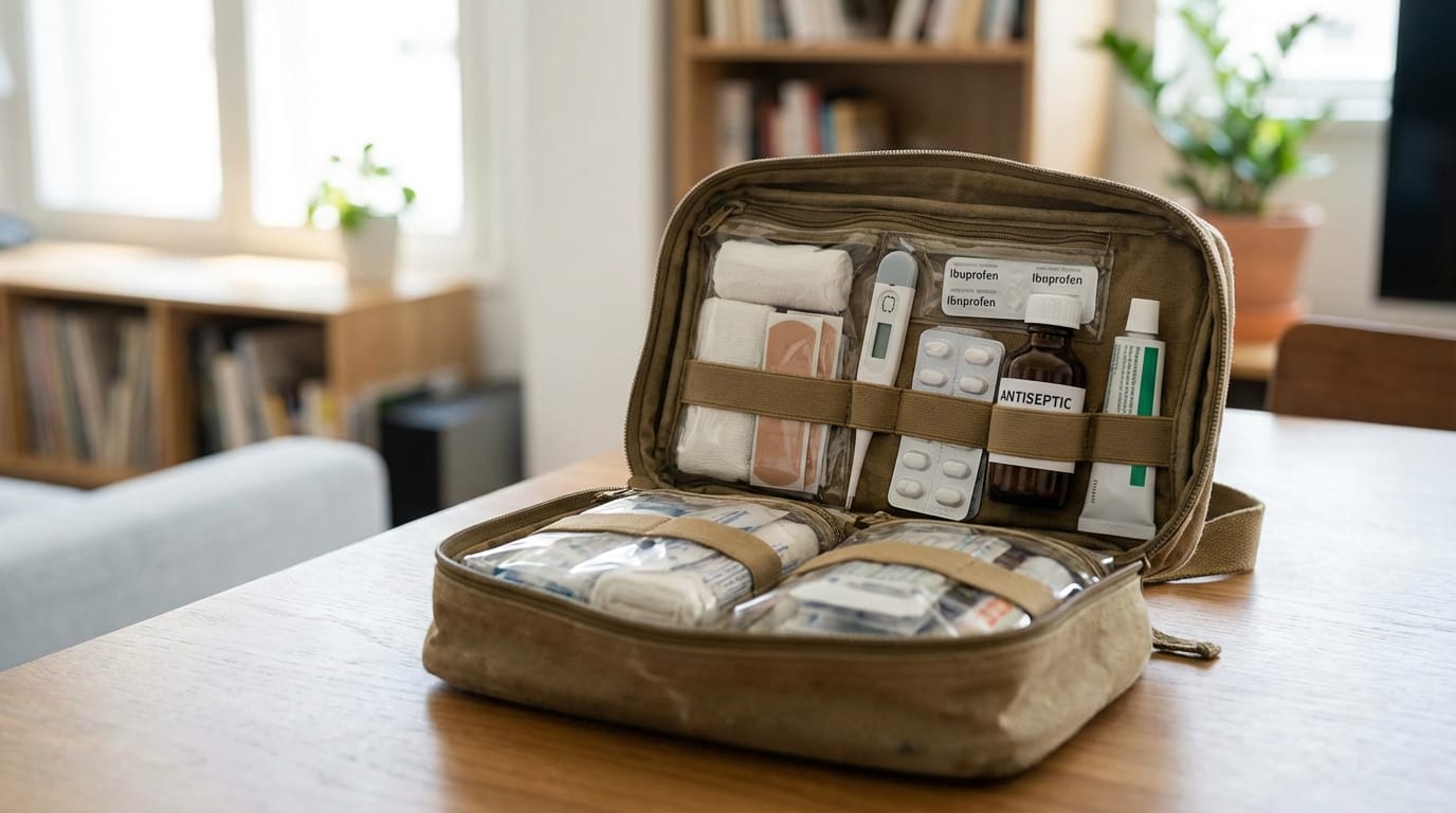 Dobrze zorganizowana apteczka domowa z podstawowymi lekami i środkami opatrunkowymi