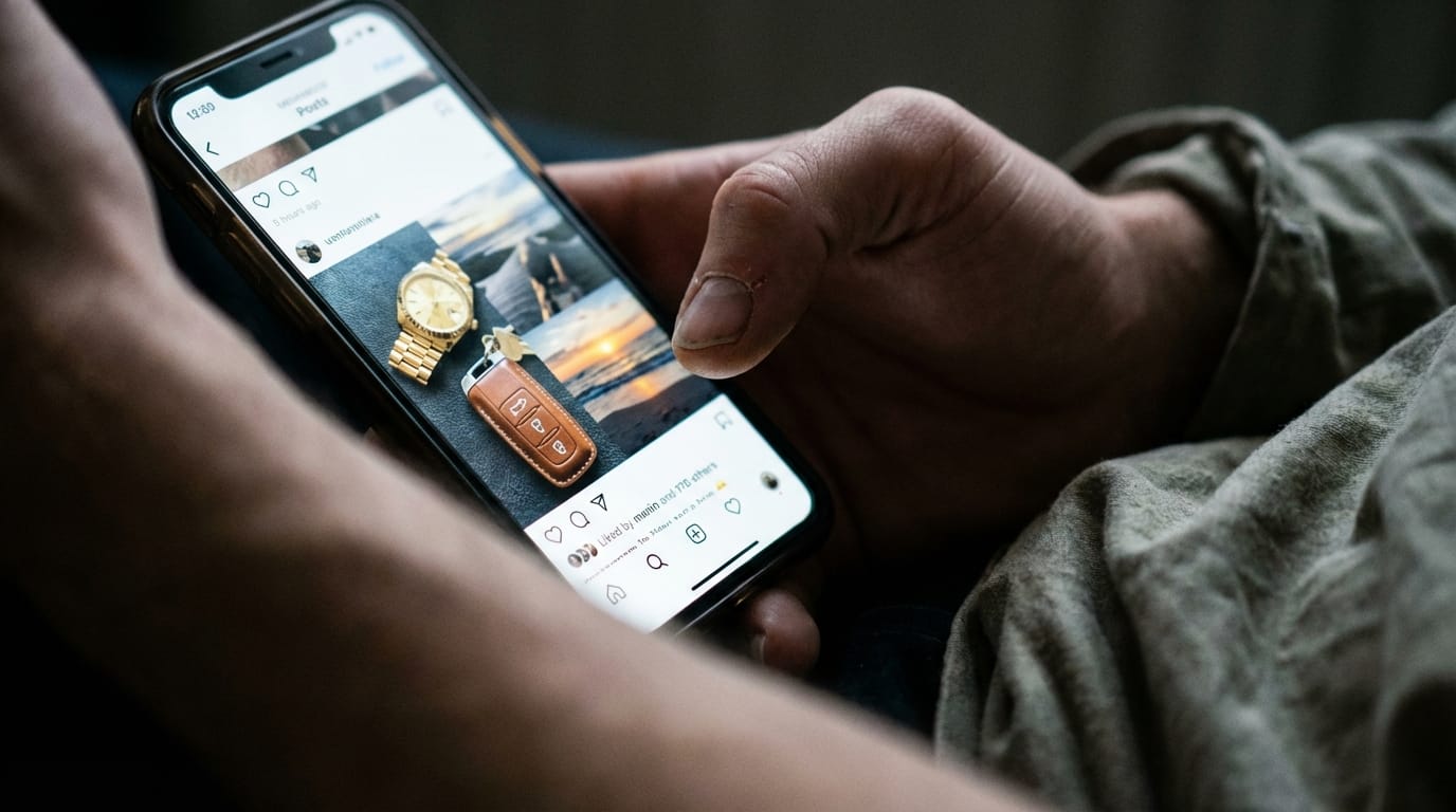 Osoba trzymająca smartfon z postem o luksusach w mediach społecznościowych, ostrzeżenie przed kradzieżą
