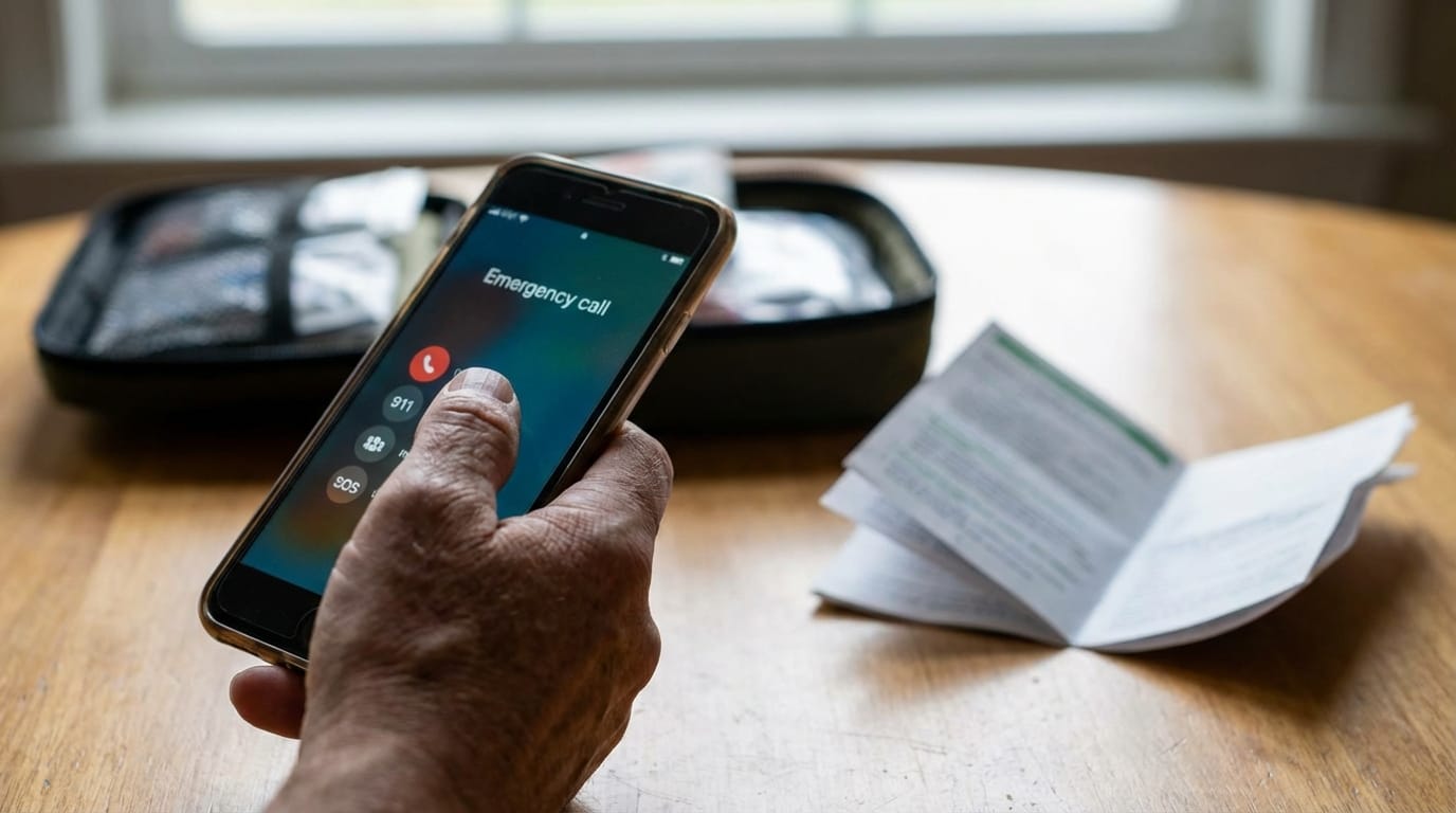 Ręka trzymająca smartfon z numerami alarmowymi na tle apteczki i ulotki leku. Bezpieczeństwo medyczne.