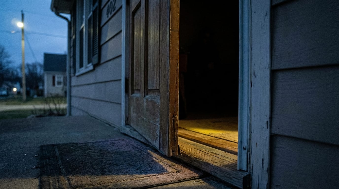 Otworzone drzwi do domu, symbolizujące włamanie i utratę bezpieczeństwa, w ciemnym otoczeniu.