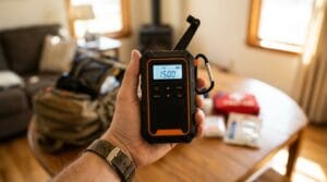 Dłoń trzymająca nowoczesne radio awaryjne. Gotowość na kryzys, bezpieczeństwo rodziny.