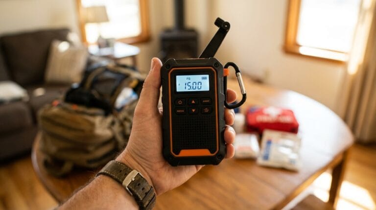 Dłoń trzymająca nowoczesne radio awaryjne. Gotowość na kryzys, bezpieczeństwo rodziny.