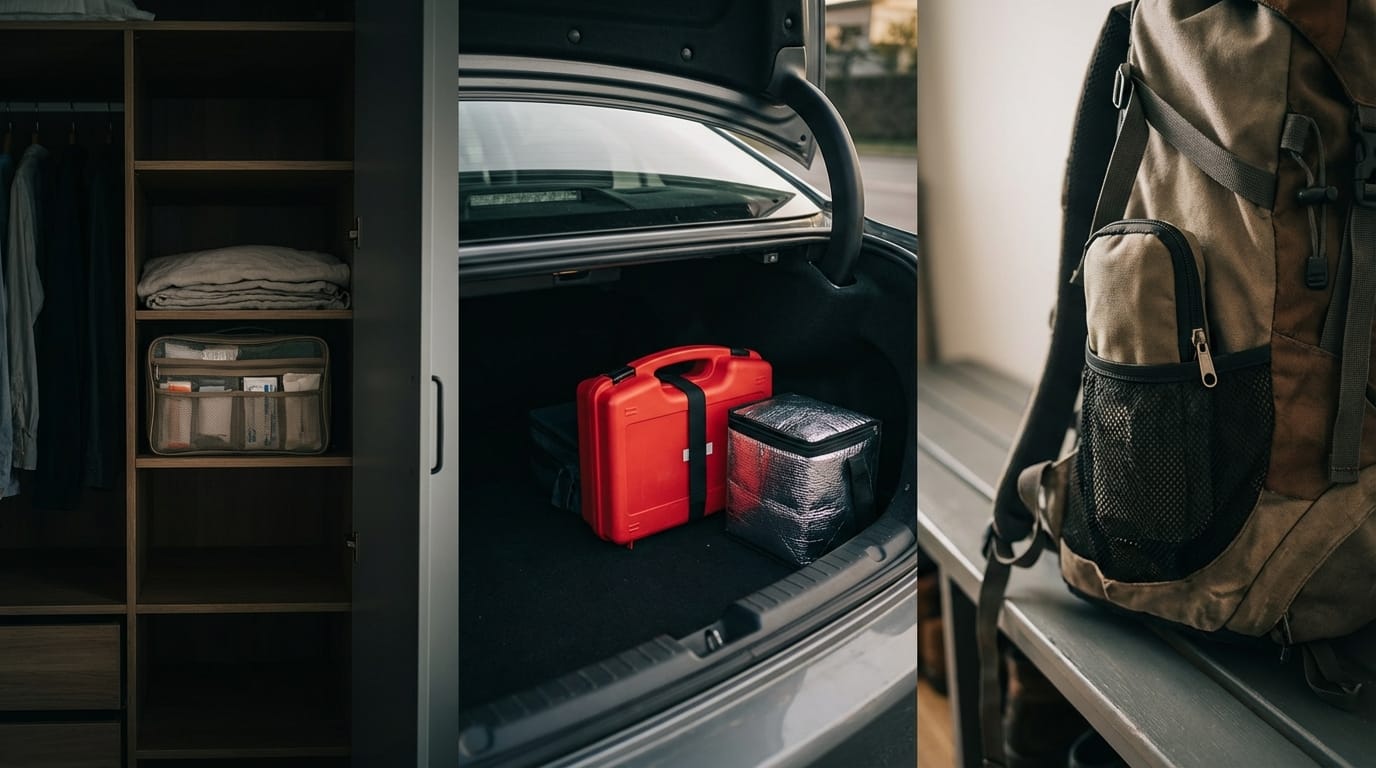 Trzy apteczki: domowa w szafie, samochodowa w aucie i podręczna w plecaku.