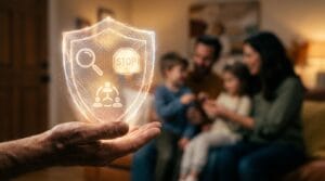 Dezinformacja w sieci - Symboliczna grafika przedstawiająca cyfrowe bezpieczeństwo i dbanie o higienę informacyjną w rodzinie.