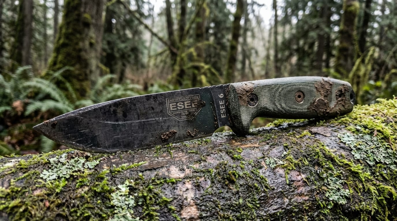 Wytrzymałe noże survivalowe: ESEE 6, Ka-Bar Becker BK2 w naturze, stal węglowa