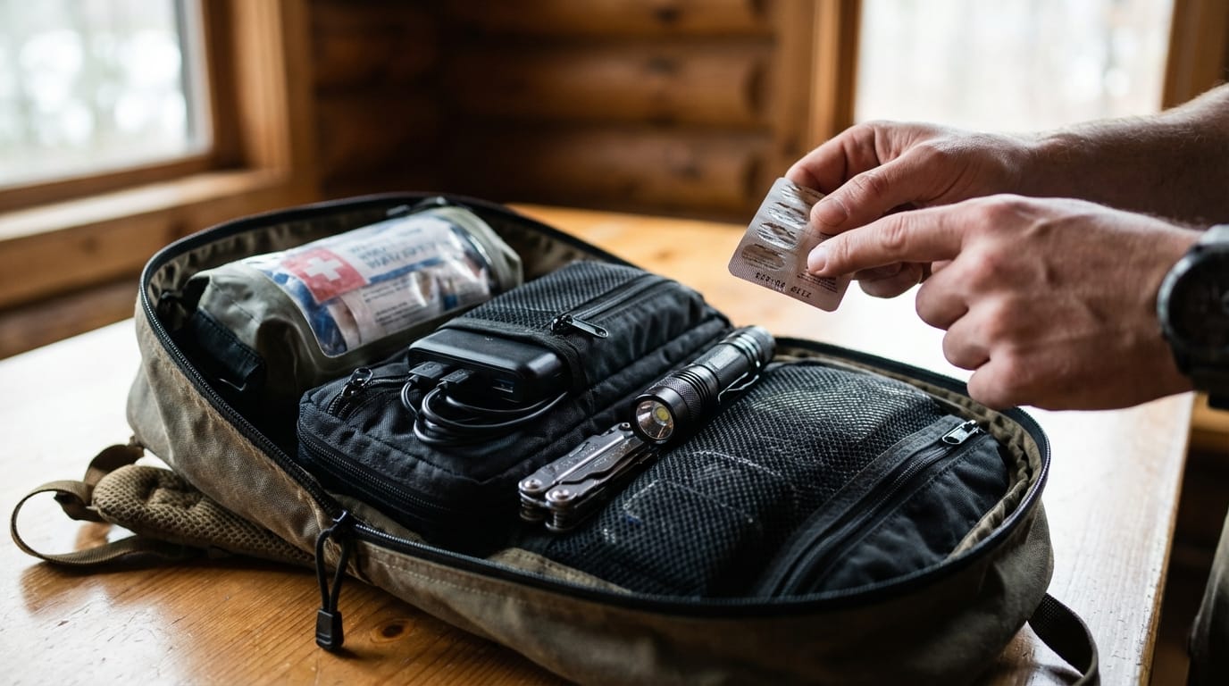 Dobrze zorganizowany plecak ewakuacyjny z akcesoriami, pakowanie, przegląd ekwipunku, survival