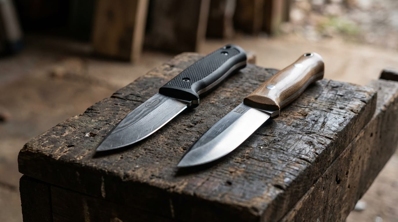 Fällkniven F1 Pro i Bark River Bravo 1 - noże survivalowe klasy premium na drewnianym tle