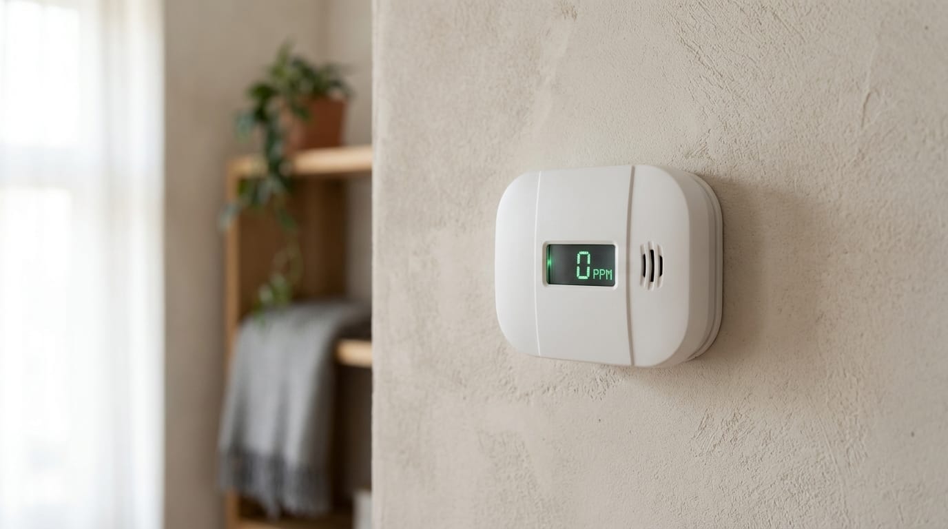 Nowoczesny czujnik czadu na ścianie, bezpieczeństwo domu, ochrona przed czadem