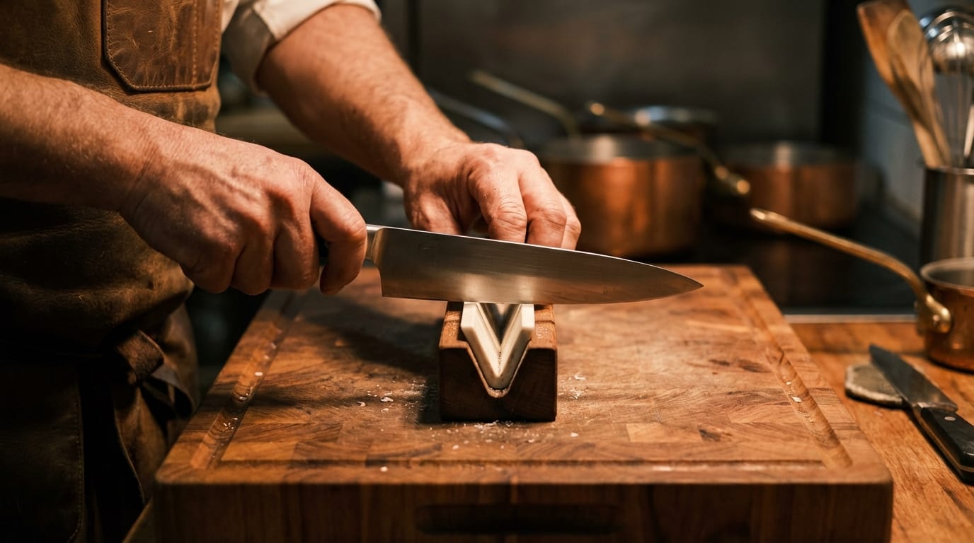 Ręce ostrzące nóż na systemie ostrzącym, bezpieczeństwo noża, ostrzałka domowa i polowa