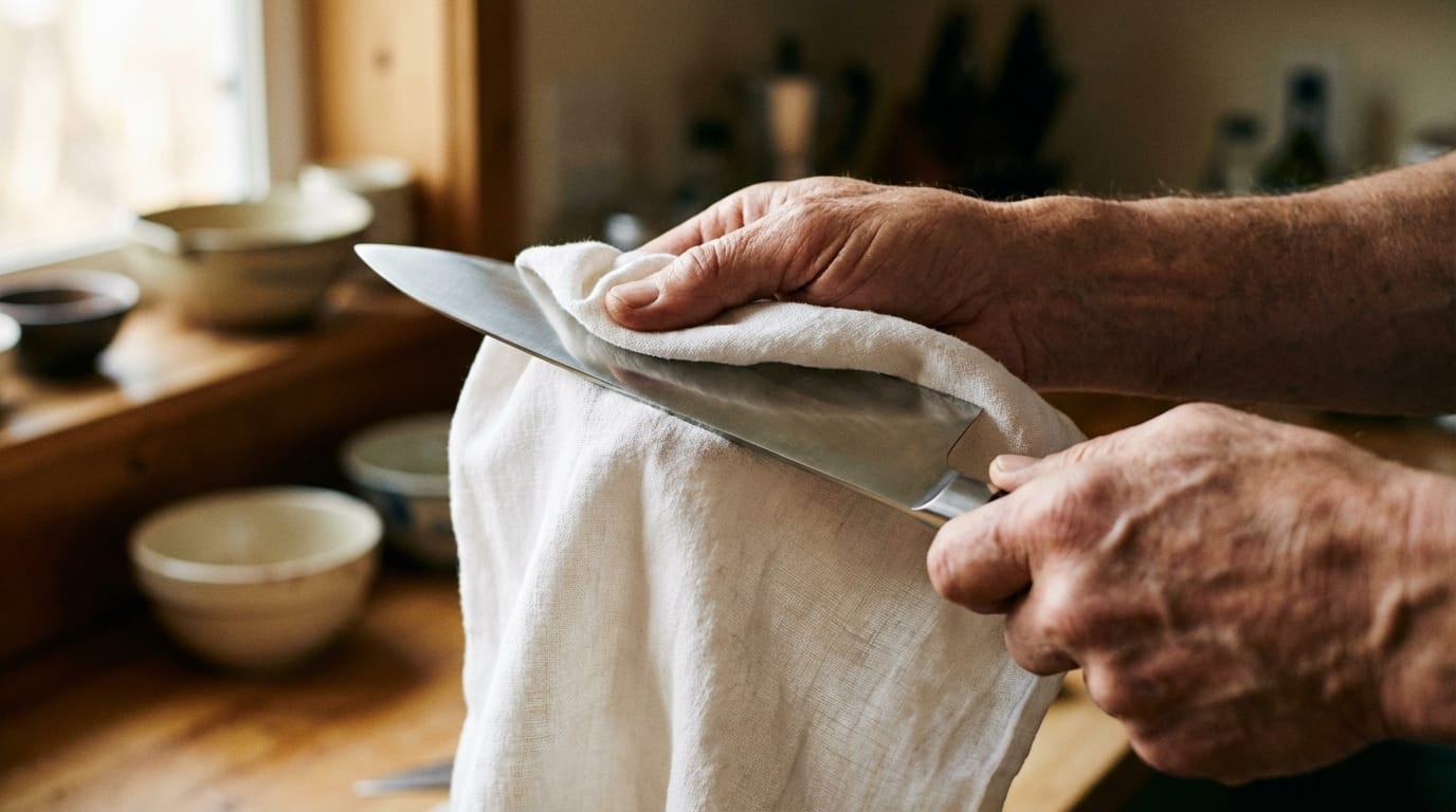 Dłoń wyciera ostry nóż kuchenny, dbając o higienę i konserwację ostrza.