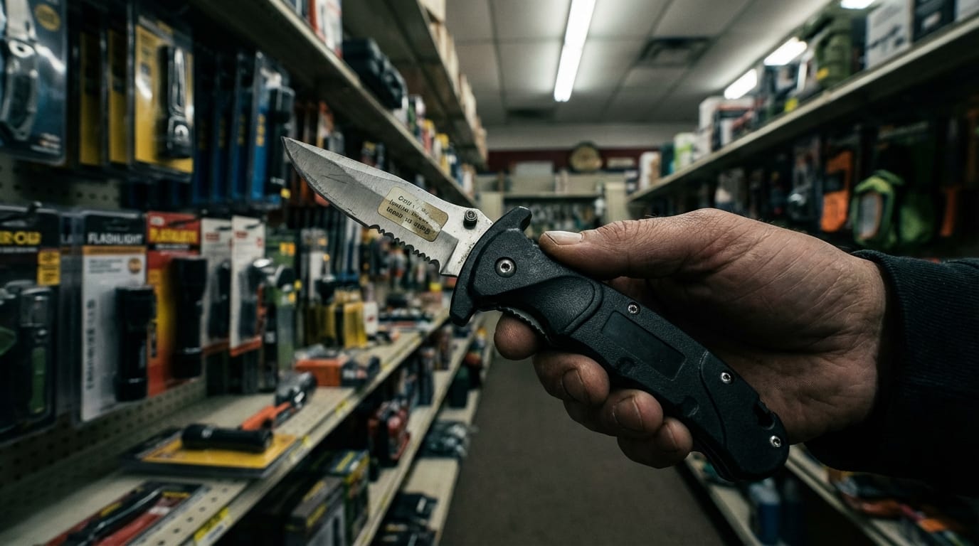 Dłoń trzymająca słabej jakości, tandetny nóż o agresywnym wyglądzie, symbolizujący czerwone flagi w zakupach.