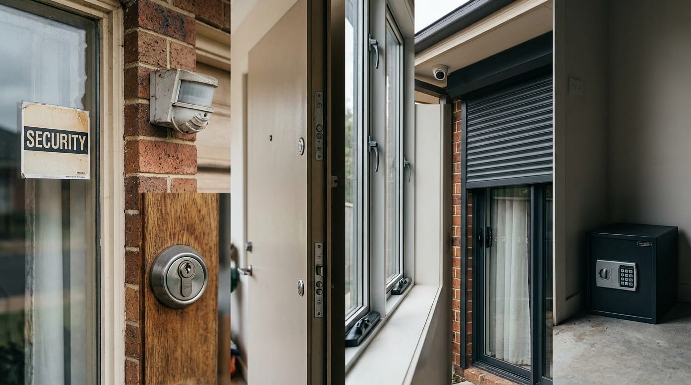 Różne elementy zabezpieczeń domu: naklejki, zamki, drzwi, okna, rolety, kamery, sejf. Bezpieczeństwo domu.