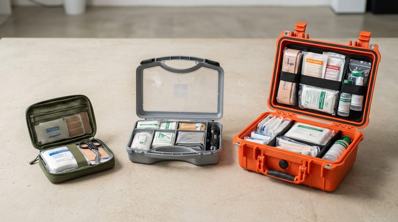 Gotowa apteczka z wyposażeniem: Trzy apteczki pierwszej pomocy: mała saszetka, średnia walizka, duża przemysłowa. Przegląd cen.