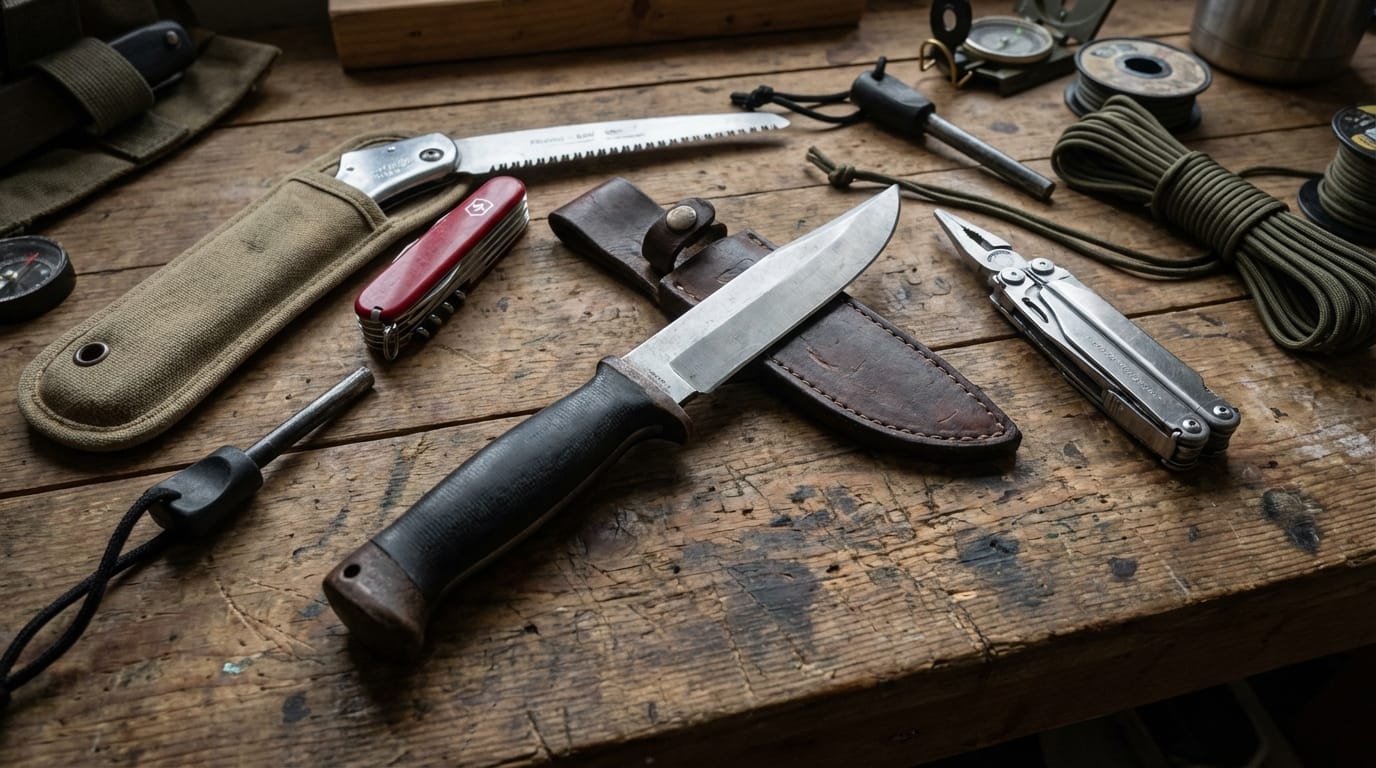 Zestaw narzędzi survivalowych: nóż, scyzoryk, piła, multitool na drewnie.