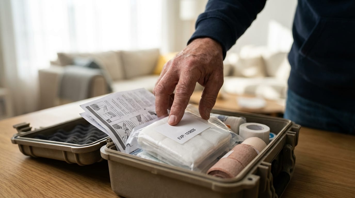 Dłoń sprawdzająca zawartość apteczki: daty ważności, opakowanie, spis treści