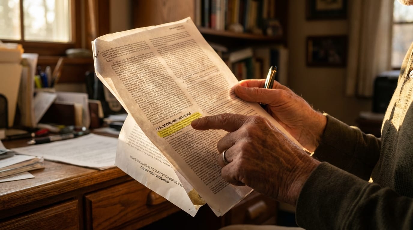 Dłoń wskazująca na skomplikowany fragment umowy ubezpieczeniowej, OWU, czytanie polisy