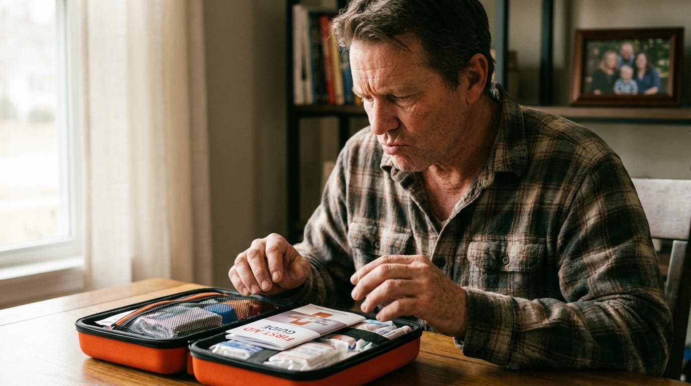 Mężczyzna studiujący apteczkę pierwszej pomocy, symbolizujący znaczenie wiedzy i umiejętności.
