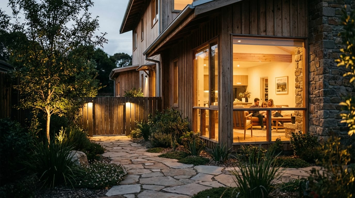 Bezpieczny, nowoczesny dom o zmierzchu z ciepłym światłem, symbolizujący spokój ducha i warstwową ochronę.