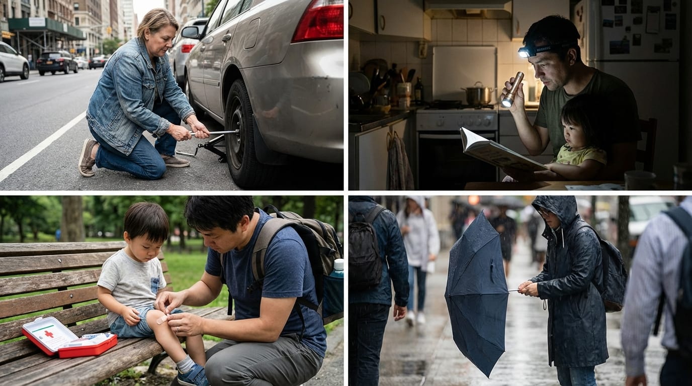 Ludzie spokojnie radzą sobie z codziennymi problemami dzięki zestawowi EDC: naprawa auta, latarka, plaster, parasol.