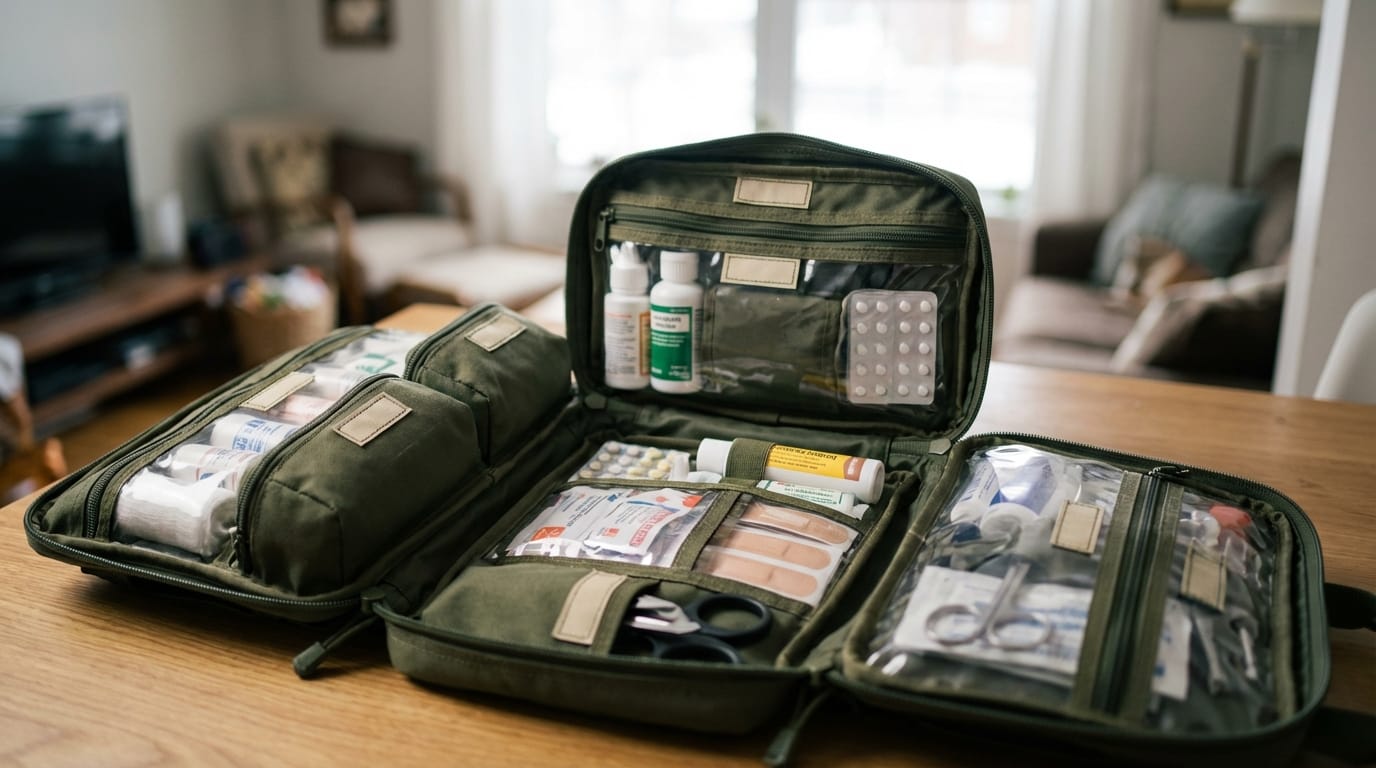 Dobrze zorganizowana, modułowa apteczka domowa z różnorodnymi lekami i artykułami medycznymi