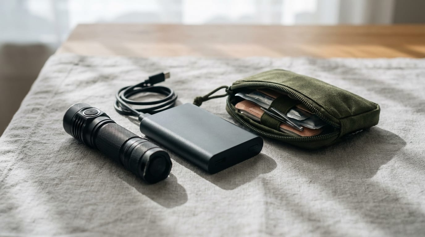 Trzy przedmioty EDC: latarka, powerbank, apteczka, leżące na płaskiej powierzchni, gotowe do użycia.