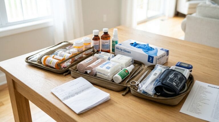 Zdjęcie otwartej, uporządkowanej apteczki domowej z lekami, opatrunkami i sprzętem medycznym.
