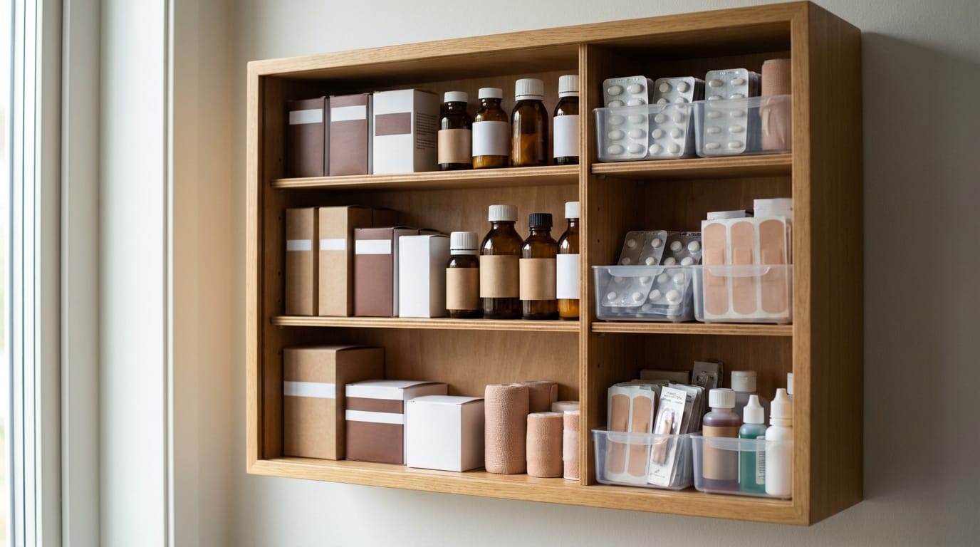 Zorganizowana apteczka domowa z lekami bez recepty, na ból, przeziębienie, gorączkę