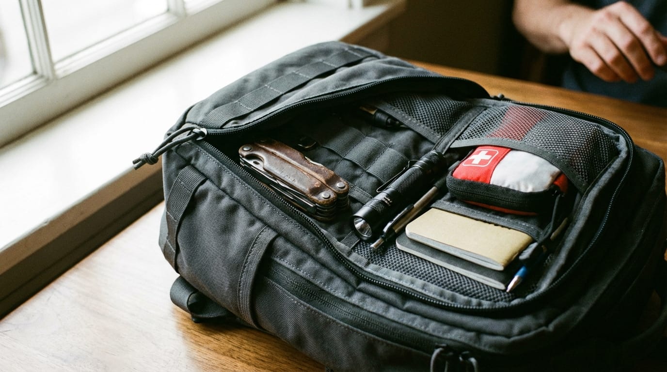 Dobrze zorganizowany plecak EDC z widocznymi narzędziami, gotowość, sprzęt survivalowy