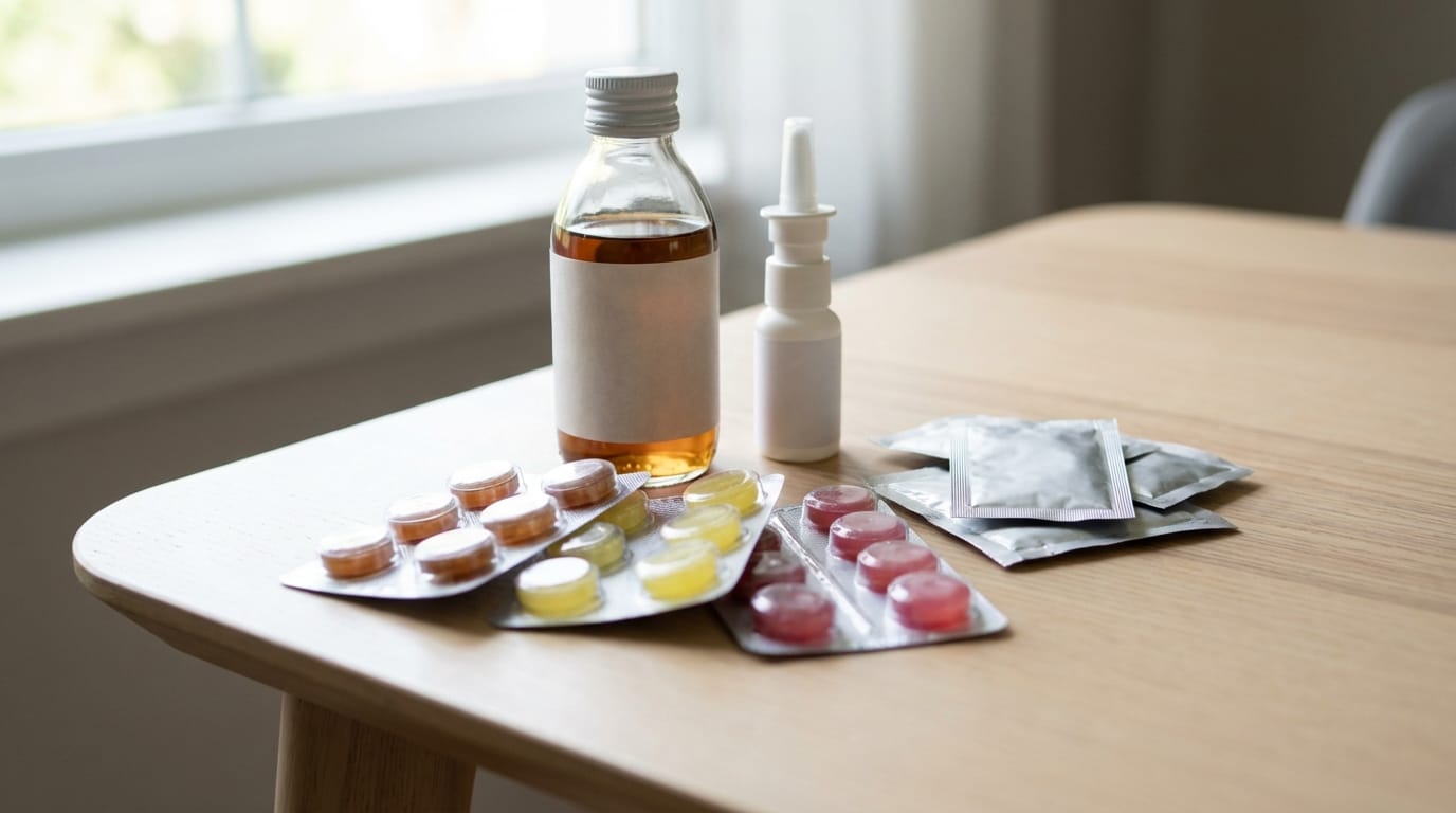 Zestaw leków na przeziębienie i grypę: tabletki, spray, syrop, saszetki, apteczka