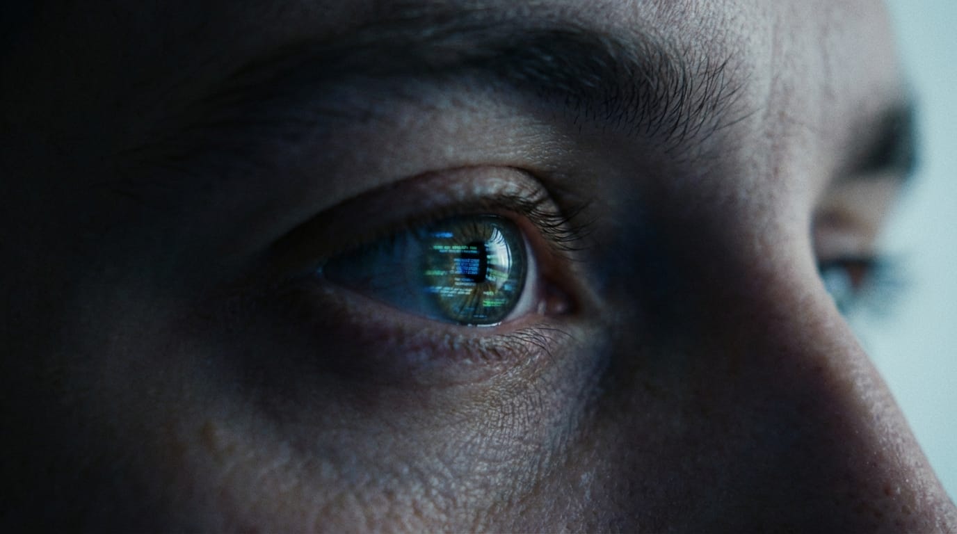 Oko człowieka odbijające zniekształcone dane cyfrowe, symbolizujące dezinformację i pułapki myślenia.