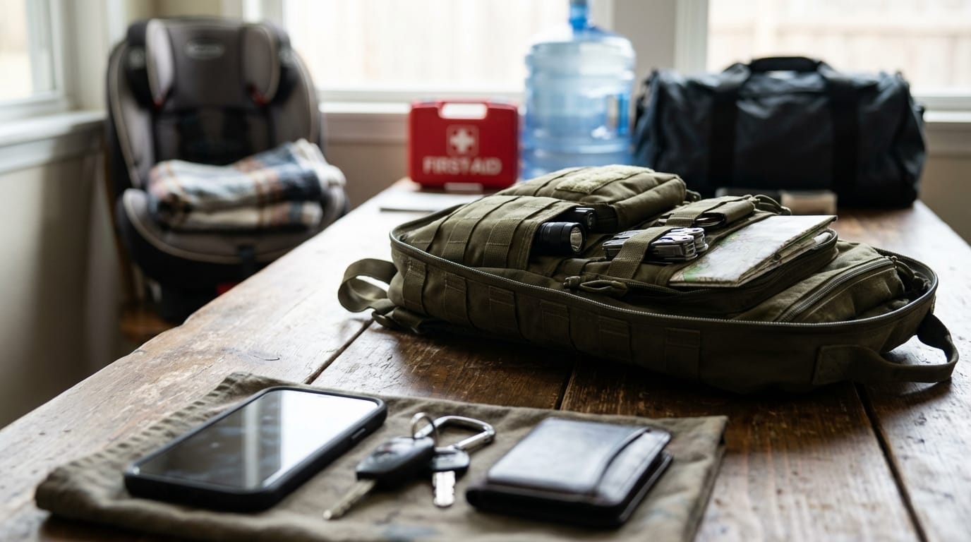 Warstwowy system bezpieczeństwa: od drobnych przedmiotów EDC po plecak, zestaw samochodowy i domowy.