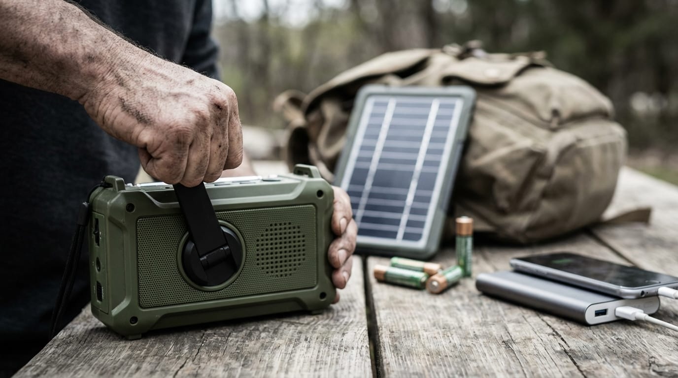 Ręka kręcąca dynamo radia survivalowego, obok panel solarny, baterie AA, power bank. Niezależność energetyczna.