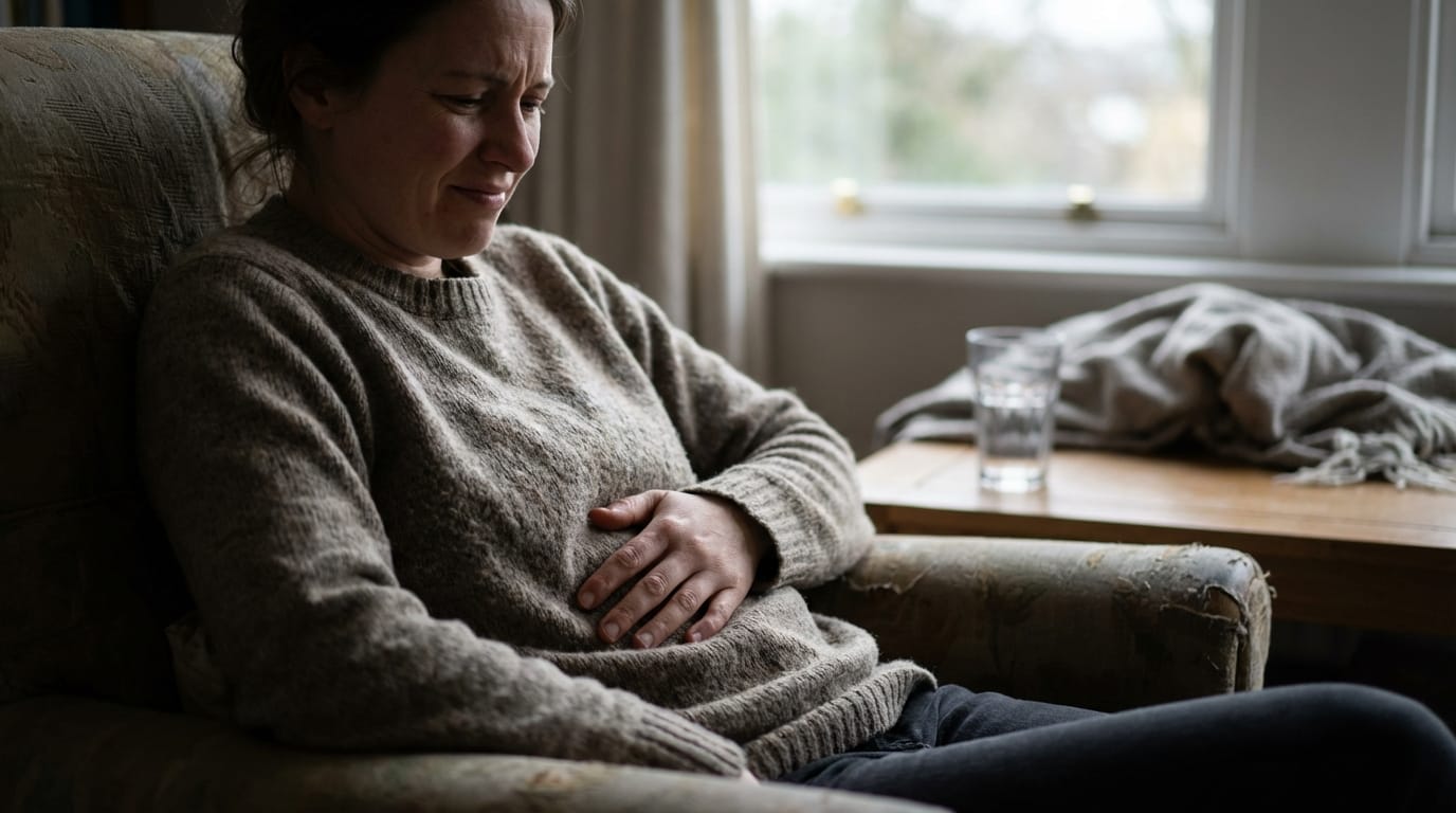 Osoba z bólem brzucha, niestrawność, zatrucie pokarmowe, problemy żołądkowe, zdjęcie dokumentalne