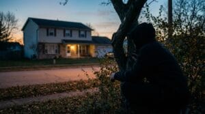 Jak zabezpieczyć dom lub mieszkanie przed włamaniem. Sylwetka człowieka obserwująca dom, włamywacz, obserwacja, bezpieczeństwo domu