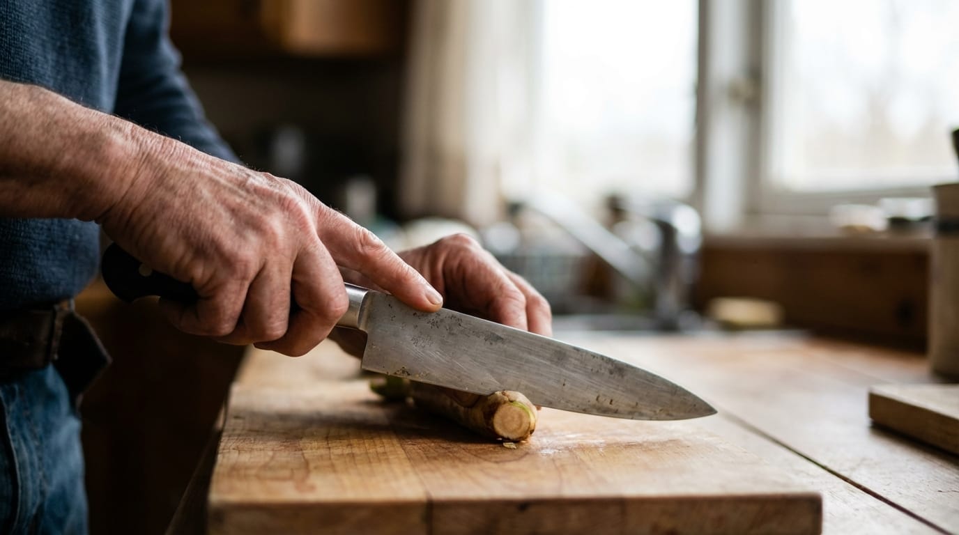Bezpieczne użycie noża, ręce, ostrze, BHP, technika cięcia, zapobieganie wypadkom.