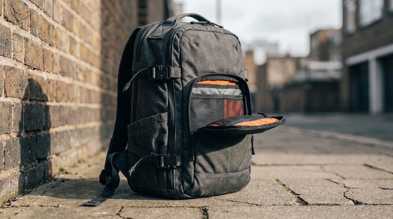 Dyskretny, wytrzymały plecak EDC w miejskim otoczeniu, gotowy na codzienne wyzwania.