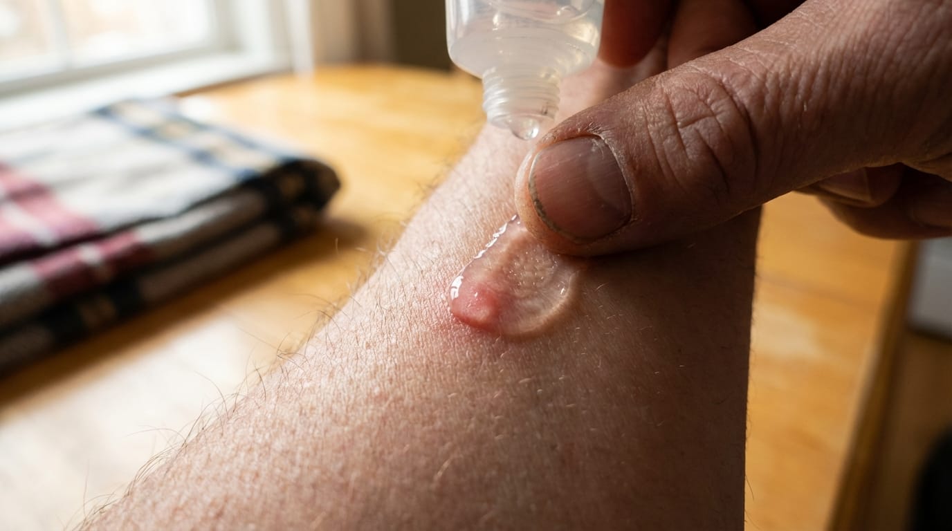 Dłoń nakładająca żel łagodzący na swędzącą skórę, pomoc na alergię i ukąszenia owadów