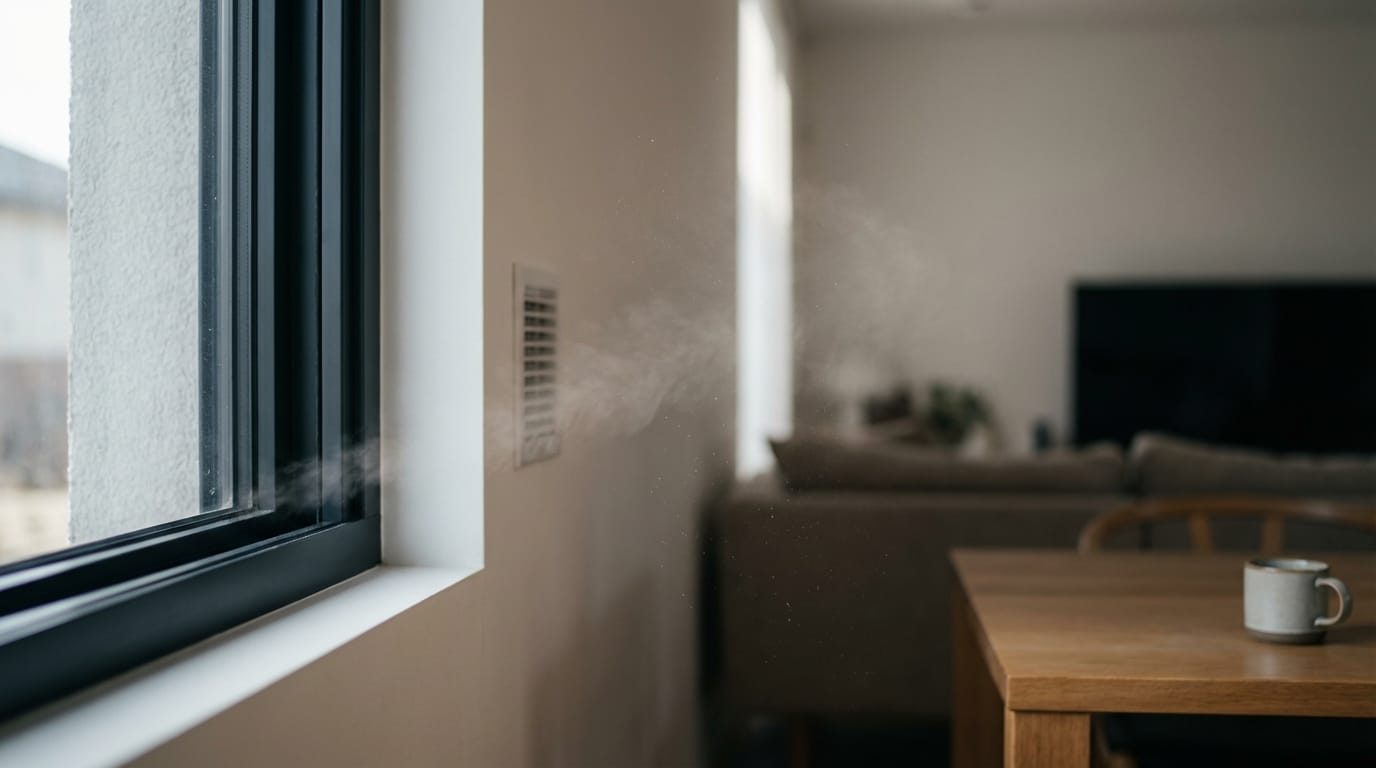 Dopływ świeżego powietrza do wnętrza domu przez nawiewnik lub wentylację, wentylacja cug wsteczny