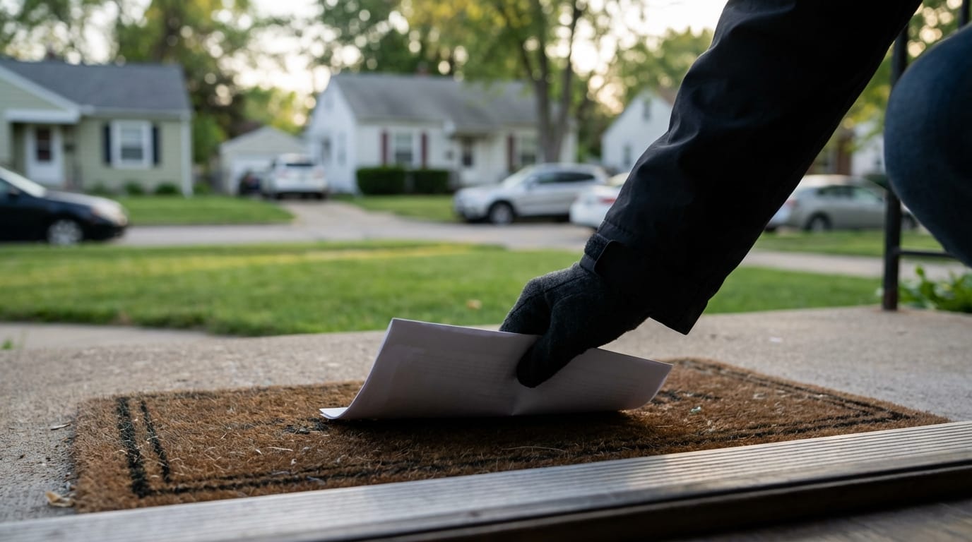 Dłoń dyskretnie wkłada ulotkę do skrzynki pocztowej, obserwacja domu przez złodzieja w dzień.