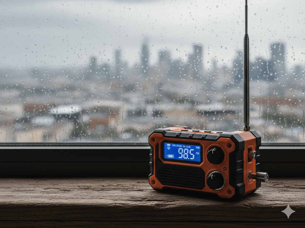 Zdjęcie pokazujące awaryjne radio solarne na parapecie, z w pełni wysuniętą anteną teleskopową. Za szerokim oknem widać deszczową panoramę miasta.