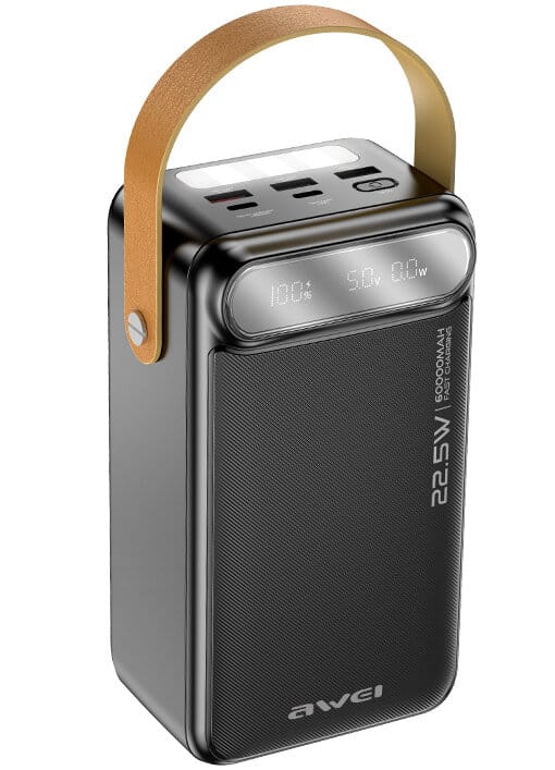 Powerbank AWEI P101K 60000 mAh z dużym panelem LED pełniącym funkcję latarki biwakowej.