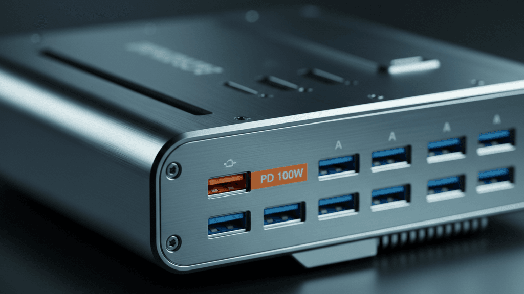 Zbliżenie na panel portów powerbanka, widoczne szybkie złącze USB-C Power Delivery oraz standardowe porty USB-A.