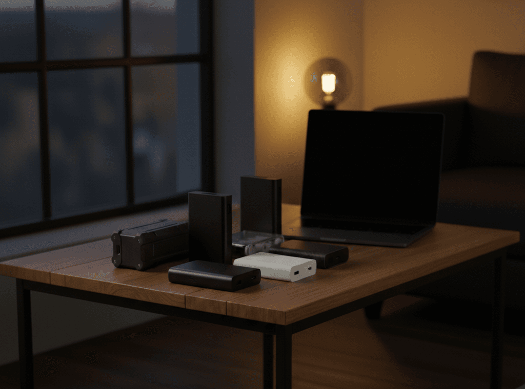 Zdjęcie przedstawiające pięć dużych powerbanków o pojemności 50 000 mAh leżących na drewnianym stole.