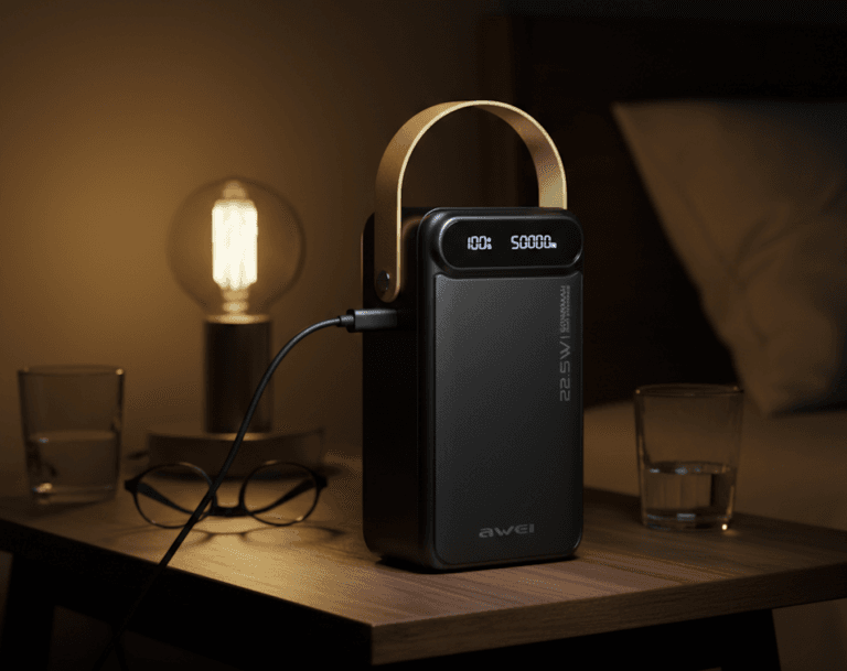 Zdjęcie dużego powerbanka 50 000 mAh na biurku.